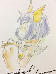1girl ^_^ artist_name blue_hair bow closed_eyes eiko_carol final_fantasy final_fantasy_ix from_side grin hair_bow hands_up highres horns interlocked_fingers itahana_toshiyuki mini_wings official_art own_hands_together short_hair single_horn smile solo teeth traditional_media white_horns white_wings wings yellow_bow