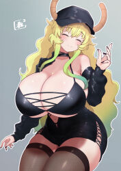 1girl artist_logo baseball_cap black_choker black_dress black_sleeves blonde_hair blush breasts brown_thighhighs choker cleavage closed_eyes closed_mouth detached_sleeves dress gradient_hair green_background hat highres horns horns_through_headwear huge_breasts kobayashi-san_chi_no_maidragon logo long_hair lucoa_(maidragon) multicolored_hair nail_polish navel reiwa_rerere shadow simple_background smile solo thighhighs very_long_hair