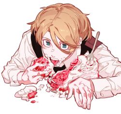 1boy aqua_eyes artist_name black_necktie black_vest blonde_hair buttons cake collared_shirt commentary cropped_torso eating elliot_(par0llel) film_grain fingernails food food_on_face fork hair_between_eyes highres leaning_forward long_sleeves looking_at_viewer male_focus necktie open_mouth original par0llel shirt short_hair simple_background solo teeth tongue tongue_out very_short_hair vest white_background white_shirt