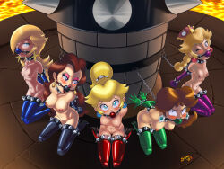 5girls angry arms_behind_back ball_gag bdsm blonde_hair blue_eyes blush bondage bound breasts brown_hair captured castle chain chained gag imminent_rape lava mario_(series) multiple_girls navel new_super_mario_bros._u_deluxe nintendo nipples one_eye_closed pauline_(mario) peachette princess princess_daisy princess_peach rape_dungeon rosalina shaxbert shiny_skin signature super_mario_bros._1 super_mario_galaxy super_mario_land super_mario_odyssey take_your_pick wink