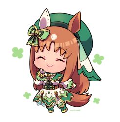 Rule 34 | 1girl, animal ears, bow, brown hair, chibi, chibi only, closed mouth, corset, gloves, grass wonder (umamusume), green bow, green headwear, green ribbon, highres, horse ears, horse tail, kotorai, long hair, long sleeves, no nose, puffy sleeves, ribbon, signature, smile, solo, tail, umamusume, very long hair, white gloves