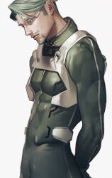 Rule 34 | 1boy, absurdres, arms behind back, beard, challia bull, facial hair, green eyes, green hair, gundam, gundam gquuuuuux, hayakuinnitte, highres, male focus, mecha pilot suit, muscular, muscular male, mustache, profile, short hair, simple background, skin tight, solo, upper body, white background