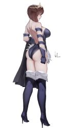 absurdres armband ass blue_armband blue_boots blue_gloves blue_leotard blue_thighhighs bluecup boots breasts brown_eyes brown_hair butt_crack full_body fur_trim gloves high_heel_boots high_heels highres large_breasts leotard marie_pandragon medium_hair sideboob signature tempest_(game) the_war_of_genesis thigh_boots thighhighs tiara white_background