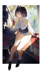 Rule 34 | 1girl, ahoge, atelier (series), atelier yumia, backlighting, bare shoulders, black hair, black shoes, book, book stack, border, breasts, chair, cleavage, commentary request, cosmetics, desk, eyyy, from above, gloves, grey corset, highres, holding, holding lipstick tube, indoors, large breasts, lipstick, lipstick tube, looking at viewer, makeup, mole, mole under eye, no pants, oil lamp, on desk, open mouth, outside border, partially fingerless gloves, purple eyes, purple hair, red gloves, shirt, shoes, short hair, sitting, sleeveless, sleeveless shirt, solo, test tube, thick thighs, thighs, white border, white shirt, yumia liessfeldt