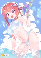 Rule 34 | 1girl, :d, absurdres, artist name, bat hair ornament, bikini, breasts, caustics, cloud, cowboy shot, cumulonimbus cloud, day, fang, gabriel dropout, hair ornament, hexagon, highres, hiiragi akio, holding, holding water gun, large breasts, lens flare, light particles, looking at viewer, navel, non-web source, open mouth, outdoors, red eyes, red hair, satanichia kurumizawa mcdowell, sidelocks, sky, smile, solo, standing, swimsuit, thighs, water, water gun, white bikini