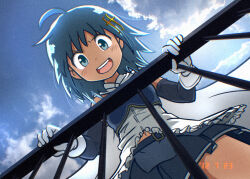 1girl against_railing ahoge armor blue_eyes blue_hair breastplate gloves looking_at_viewer magical_girl mahou_shoujo_madoka_magica mahou_shoujo_madoka_magica_(anime) miki_sayaka miki_sayaka_(magical_girl) muneate okai_(pixiv6333) open_mouth railing sky solo white_gloves
