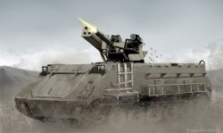 Rule 34 | anti-aircraft, anti-aircraft gun, armored personnel carrier, armored vehicle, caterpillar tracks, dead-robot, dust, firing, gatling gun, m163 machbet, military, military vehicle, missile pod, motor vehicle, muzzle flash, no humans, original, shell casing, tank, tank turret, vehicle focus