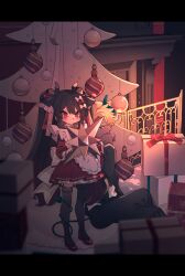 1boy 1girl animal_ear_fluff animal_ears apron aqua_eyes aqua_horns back_bow black_hair black_jacket black_pants black_thighhighs blonde_hair bow christmas_present christmas_tree_ornament collared_shirt colored_skin commentary demon_boy demon_tail dress fireplace frilled_apron frills garter_straps gift grey_skin hair_bow hair_ribbon high_heels highres horns indoors jacket letterboxed long_hair long_sleeves necktie original ozureiji pants parted_lips petticoat pleated_dress red_bow red_dress red_eyes red_necktie red_shoes ribbon shirt shoes sitting stellated_octahedron symbol-only_commentary tail tail_around_another&#039;s_leg tail_wrap thighhighs tsurime white_apron white_bow white_shirt