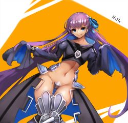 10s 1girl armor armored_boots bad_id bad_pixiv_id blue_eyes boots breasts crotch_plate fate/extra fate/extra_ccc fate/grand_order fate_(series) female_focus long_hair maebari meltryllis_(fate) navel notte purple_hair small_breasts smile solo spikes thighs very_long_hair wide_hips
