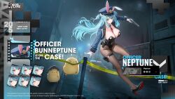 1girl animal_ears azur_lane black_leotard blue_hair breasts car cleavage fake_animal_ears gloves gun hat highres holding holding_gun holding_weapon holster large_breasts leotard logo long_hair looking_at_viewer manjuu_(azur_lane) motor_vehicle multiple_expressions neptune_(azur_lane) neptune_(officer_bunneptune_is_on_the_case!)_(azur_lane) official_alternate_costume official_art pantyhose police police_car police_hat rabbit_ears thigh_holster two_side_up weapon white_gloves yellow_eyes