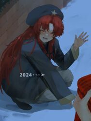 1girl 2024 absurdres beret blush braid closed_eyes coat dated earrings eneshi hat highres hong_meiling jewelry kneeling laughing long_hair pants red_hair smile solo star_(symbol) star_earrings touhou twin_braids white_pants