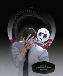 Rule 34 | 2boys, black eyes, black necktie, blob, brown hair, business casual, colored veins, don makila, hand on own face, highres, i am birdy, male focus, multiple boys, necktie, negas, pinchimono, shirt, short hair, thick eyebrows, white shirt