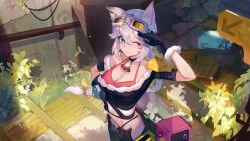 artist_request blue_eyes butt_crack gloves midriff navel one_eye_closed pants smile tagme wink
