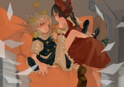 Rule 34 | 2girls, ascot, ascot grab, black hair, black shoes, black skirt, black vest, blonde hair, blush, bow, brown eyes, brown shoes, buttons, clothes grab, couch, detached sleeves, falling paper, foot out of frame, frown, green eyes, hair bow, hair tubes, hakurei reimu, heasil, indoors, kirisame marisa, leg lock, long hair, mary janes, multiple girls, neckwear grab, no headwear, no mouth, on couch, painting (object), papers, ponytail, profile, red bow, red shirt, red skirt, sarashi, shirt, shoes, skirt, socks, touhou, vest, white shirt, white sleeves, white socks, yellow ascot, yuri