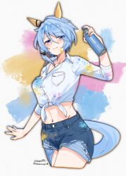 Rule 34 | 1girl, animal ears, blue eyes, blue hair, blush, can, chinese commentary, closed mouth, commentary request, cropped legs, cutoffs, dated, denim, denim shorts, ear covers, highres, holding, holding can, horse ears, horse girl, horse tail, k.s.miracle (umamusume), looking at viewer, midriff, mixed-language commentary, navel, paint can, paint on clothes, paint splatter, paint splatter on face, saramiao-chan, shirt, shorts, solo, tail, tied shirt, twitter username, umamusume, white shirt