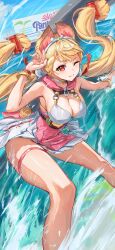 Rule 34 | 1girl, absurdres, alice thymefield, alice thymefield (sea of thyme), animal ears, bikini top under shirt, blonde hair, braided twintails, breasts, heterochromia, highres, long hair, low twintails, ocean, official alternate costume, one-piece swimsuit, outdoors, pink one-piece swimsuit, rabbit ears, rabbit girl, sakazuki sudama, sky, sphere hair ornament, surfing, swimsuit, twintails, two-tone one-piece swimsuit, waves, yellow eyes, zenless zone zero