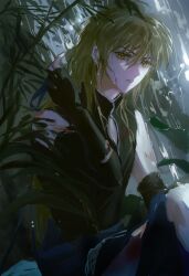 1boy absurdres bare_shoulders black_gloves black_shirt black_shorts blonde_hair blood blood_on_face blue_ribbon chinese_commentary clothing_cutout detached_sleeves driedpersimmonisverydelicious earrings elbow_gloves fingerless_gloves gloves hair_between_eyes hand_up highres holding holding_ribbon huang_shaotian huang_shaotian_(troubling_rain) injury jewelry knees_up leaf long_hair looking_at_viewer male_focus nature official_alternate_costume official_alternate_hair_length official_alternate_hairstyle outdoors parted_lips plant quan_zhi_gao_shou rain ribbon shade shirt shorts single_earring sitting sketch sleeveless sleeveless_shirt solo tassel torn_clothes wet wet_hair yellow_eyes