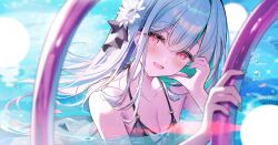 1girl :d aqua_nails bare_shoulders bikini black_bikini breasts cleavage collarbone flower hair_flower hair_ornament kokonex light_blush long_hair medium_breasts nail_polish open_mouth original partially_submerged red_eyes smile solo swimsuit water white_flower white_hair