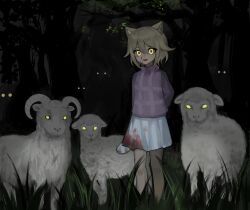 Rule 34 | 1girl, animal ears, arms behind back, blonde hair, blood, blood on clothes, blood on face, cat ears, chainsaw, crazy eyes, eyes in shadow, forest, glowing, glowing eyes, goat, hair flaps, highres, holding, holding chainsaw, long sleeves, looking at viewer, nature, night, parted lips, plaid clothes, plaid sweater, purple sweater, reihoshii, sheep, short hair, skirt, smile, solo, sweater, urotsuki, white skirt, yellow eyes, yume 2kki