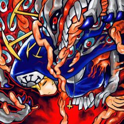 1girl blonde_hair claws closed_eyes cross cross_necklace double_(skullgirls) extra_eyes extra_mouth from_side highres jewelry monster necklace nun red_background red_eyes skullgirls solo tentacles xoma18