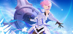 1girl armor armored_dress black_gloves blue_sky dress fate/grand_order fate_(series) flower gloves hair_over_one_eye highres holding holding_shield mash_kyrielight mash_kyrielight_(paladin) pink_hair purple_eyes shield shooting_star sky yat573
