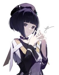 1girl beret black_dress black_eyes black_hair black_hat blunt_bangs bob_cut bright_pupils closed_mouth dress garasumiya_(girls_revolution_project) girls_revolution_project hands_up hat highres inverted_bob jewelry kamitsubaki_studio long_sleeves looking_at_viewer necklace own_hands_together purple_hair riai_kurumi romaji_commentary short_hair signature simple_background smile solo steepled_fingers upper_body virtual_youtuber white_background white_dress yellow_dress yellow_pupils