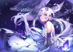 1girl absurdres armpit_crease bare_shoulders black_bow black_tiara bow breasts bug butterfly castorice_(honkai:_star_rail) cleavage dragon dress elbow_gloves flower gloves hair_flower hair_ornament highres honkai:_star_rail honkai_(series) insect long_hair looking_at_viewer pointy_ears pollux_(honkai:_star_rail) purple_butterfly purple_eyes purple_flower purple_gloves purple_hair solo tiara white_dress yueyueniao