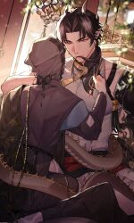Rule 34 | 2boys, arknights, black hair, chongyue (arknights), doctor, doctor (arknights), earrings, genderswap, genderswap (otm), hair in own mouth, highres, horns, jewelry, kharu11, light particles, looking at another, male focus, multiple boys, pointy ears, red eyes, tail, yaoi