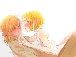 1boy 1girl bare_arms bare_shoulders big_egg526 blonde_hair blush braid breasts cleavage closed_eyes couple crown_braid earrings green_eyes grey_shirt hair_between_eyes hair_tie hand_on_another&#039;s_chest hetero highres jewelry link looking_at_another low_ponytail medium_breasts medium_hair nintendo parted_bangs pointy_ears ponytail princess_zelda shirt sidelocks sweatdrop the_legend_of_zelda the_legend_of_zelda:_tears_of_the_kingdom upper_body white_background white_negligee