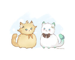 :&lt; :3 ahoge animalization black_bow black_bowtie blue_eyes blush bow bowtie cat dinokano dokibird_(vtuber) gradient_fur hair_ornament hairclip heart indie_virtual_youtuber mint_fantome neckerchief no_humans orange_neckerchief signature sitting virtual_youtuber white_background white_fur yellow_fur