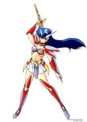 1990s_(style) 1girl armor asou_yuuko belt bikini_armor blue_eyes blue_hair boots female_focus game knee_boots long_hair looking_at_viewer matching_hair/eyes microskirt midriff miniskirt mugen_senshi_valis navel nec neckerchief official_art pc_engine retro_artstyle shoulder_pads simple_background skirt solo sword telenet_japan valis valis_sword very_long_hair weapon white_background