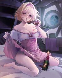 1girl bare_legs bare_shoulders barefoot blonde_hair blush bottle breasts brown_eyes cleavage clothes_lift collarbone commentary_request cup djeeta_(granblue_fantasy) dress dress_lift drinking_glass drunk fluid_on_breasts full_body granblue_fantasy hair_intakes hairband holding holding_cup indoors lifting_own_clothes medium_breasts nakajima_yuka night off_shoulder open_mouth pink_dress pink_hairband short_hair sitting solo wariza wine_bottle wine_glass
