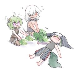 1girl 2boys alternate_costume animal_ears black_hair blush chibi collei_(genshin_impact) cyno_(genshin_impact) flying_sweatdrops fox_boy fox_ears fox_girl full_body genshin_impact green_hair highres himeko_(nico6v6pachi) holding holding_leaf leaf leaf_fan long_hair multiple_boys open_mouth pink_eyes short_hair simple_background sweat tighnari_(genshin_impact) white_background white_hair