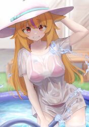 Rule 34 | 1girl, animal ear fluff, animal ears, arm up, bare arms, bikini, bikini under clothes, blonde hair, commentary request, cowboy shot, day, freshd 0325, grin, hand on headwear, hat, highres, holding, holding hose, hose, long hair, looking at viewer, multicolored hair, no pants, original, outdoors, purple hair, red bikini, red eyes, see-through clothes, see-through shirt, shirt, single hair streak, smile, solo, streaked hair, sun hat, swimsuit, two-tone hair, water, wet, wet clothes, wet shirt, white shirt
