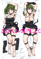 1girl absurdres arm_strap armpit_hair armpits arms_up barefoot black_dress black_gloves black_panties boots breasts censored censored_by_text choker clothes_pull commentary_request dakimakura_(medium) dress dress_pull feet female_pubic_hair full_body gloves green_hair hews highres jitome large_breasts looking_at_viewer lying nipples no_panties o-ring o-ring_choker on_back on_bed panties panties_around_ankles panty_pull pleated_dress presenting_armpit pubic_hair purple_eyes pussy_juice_stain sample_watermark second-party_source side_ponytail single_glove smile sousou_no_frieren suspenders_hanging sweat thigh_strap thighs toes ubel_(sousou_no_frieren) underwear unworn_boots watermark
