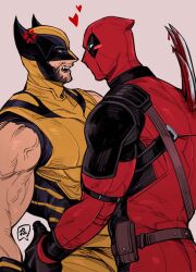 2boys absurdres bara beard belt blood bloody_weapon blush brown_belt brown_hair chest_belt claw_(weapon) commentary cowboy_shot deadpool deadpool_&amp;_wolverine deadpool_(series) emiya_izumi facial_hair hand_on_another&#039;s_ass heart highres impaled injury male_focus marvel marvel_cinematic_universe mask multiple_boys no_pupils open_mouth pouch profile simple_background superhero_costume teeth veins veiny_arms weapon white_background white_eyes wolverine_(x-men) x-men yaoi