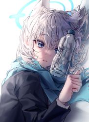 1girl absurdres animal_ear_fluff animal_ears black_jacket blazer blue_archive blue_eyes blue_scarf bottle cross_hair_ornament hair_between_eyes hair_ornament halo highres jacket long_sleeves lying medium_hair mismatched_pupils nagul on_stomach parted_lips scarf school_uniform shiroko_(blue_archive) sideways simple_background solo sweat swept_bangs upper_body water_bottle white_background white_hair wolf_ears