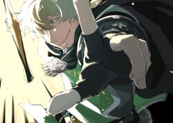 Rule 34 | 1boy, asuysu-sukigakoi, backlighting, black cape, black gloves, cape, cheekbones, facial hair, fate/grand order, fate (series), fingerless gloves, fingernails, foreshortening, gloves, goatee, green tunic, grin, hair between eyes, hector (fate), index finger raised, male focus, mature male, signature, smile, solo, tunic