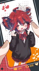 1girl absurdres ahoge alternate_costume black_sweater blush bow bowtie cellphone clenched_hand cowboy_shot double-parted_bangs flat_chest hair_between_eyes hair_bow hair_ribbon hands_up highres kasane_teto kasane_teto_(sv) looking_at_viewer maochiner phone pleated_skirt red_bow red_bowtie red_skirt ribbon skirt smartphone solo sweater synthesizer_v taking_picture utau white_bow white_ribbon