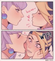 2girls ? ?? absurdres akali blush closed_eyes earrings evelynn_(league_of_legends) fingernails goku_inu_go_kuken heart highres jewelry k/da_(league_of_legends) k/da_akali k/da_all_out_akali k/da_all_out_evelynn league_of_legends long_fingernails makeup multicolored_hair multiple_girls open_mouth parted_lips puckered_lips purple_hair saliva sharp_fingernails the_baddest_akali tongue tongue_out twitter_username yuri