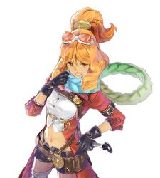 1girl 3d atelier_(series) atelier_shallie belt black_gloves black_shorts blue_scarf brown_eyes coat cowboy_shot female_focus gloves goggles goggles_on_head green_scarf grin half_updo hidari_(left_side) jurie_crotze multicolored_scarf navel official_art orange_hair pantyhose red_coat scarf shirt short_hair shorts smile solo thighhighs white_background white_shirt