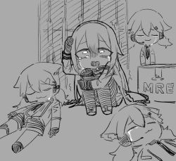 2girls animal_ears box cat_ears clone closed_mouth commentary_request crying crying_with_eyes_open field_ration full_body girls&#039;_frontline greyscale hair_between_eyes hairband idw_(girls&#039;_frontline) jacket long_hair looking_at_viewer lying meal medium_hair monochrome multiple_girls necktie open_mouth sad ser_jeon shorts super_sass_(girls&#039;_frontline) suspender_shorts suspenders tears twintails