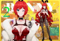 1girl absurdres ace_(playing_card) ace_of_hearts ace_of_spades animal_ear_hairband animal_ears arm_tattoo belt black_bow black_bowtie black_shoes blush bow bowtie breasts brown_belt card cleavage closed_mouth collarbone detached_collar dragon_tattoo earrings elly_(vtuber) elly_(vtuber)_(bunny) english_text fake_animal_ears feather_boa green_eyes hairband hand_on_own_hip harness heart high_heels highres indie_virtual_youtuber jewelry leotard long_hair nail_polish one_eye_closed pantyhose playing_card rabbit_ear_hairband rabbit_ears red_hair red_leotard riki-to shoes short_hair smile spade_(shape) tattoo torn_clothes torn_pantyhose virtual_youtuber