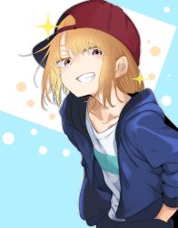 1girl baseball_cap collarbone grin hands_in_pockets hat highres idolmaster idolmaster_cinderella_girls jacket kazuta1000 shirt sideways_hat smile solo yuuki_haru
