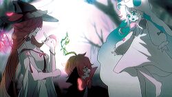 1boy 2girls :d ahoge aliasing arms_at_sides bare_tree barefoot black_bow black_bowtie black_capelet black_hat bow bowtie breasts capelet chinese_commentary choker collared_capelet colored_skin commentary_request covered_eyes double-parted_bangs dress eye_contact face-to-face film_grain food-themed_hair_ornament foot_out_of_frame frilled_sleeves frills ghost_costume ghost_pepper_(plants_vs._zombies) green_eyes grey_choker hair_between_eyes hair_ornament hat highres jack_o&#039;_lantern_(plants_vs._zombies) knees_together_feet_apart large_breasts long_hair long_sleeves looking_at_another multiple_girls nail_polish off-shoulder_dress off_shoulder open_mouth outdoors personification plants_vs._zombies plants_vs._zombies_2 profile puffy_long_sleeves puffy_sleeves red_bow red_bowtie red_hair red_nails shirt short_hair_with_long_locks siiiiiiiiiii sleeve_bow smile traditional_bowtie tree very_long_hair white_dress white_hair white_shirt white_skin witch witch_hat witch_hazel_(plants_vs._zombies)