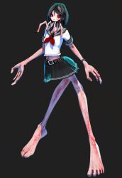 1girl 3d barefoot belt black_hair black_sailor_collar bracelet calne_ca_(deino) deino_(deino3330) full_body grey_background jewelry long_fingers looking_at_viewer monster_girl nato-kun navel neckerchief original pleated_skirt red_eyes red_neckerchief red_serafuku sailor_collar school_uniform serafuku shirt short_sleeves skirt solo standing white_shirt