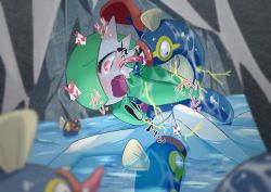 1girl bestiality black_eyes blurry blurry_foreground blush bob_cut bright_pupils bubble cave colored_skin constricted_pupils cunnilingus drooling ear_blush eelektrik electricity electrostimulation fangs female_focus gardevoir gen_3_pokemon gen_5_pokemon green_hair green_skin hair_over_one_eye hands_up heart heart_in_eye highres japanese_text leaning_forward licking_another&#039;s_face m3_(gardevoir_m3) multicolored_skin nintendo nose_blush one_eye_covered open_mouth oral partially_submerged pokemon pokemon_(creature) red_eyes saliva short_hair solo_focus speech_bubble spoken_heart spread_legs symbol_in_eye tears textless_version tongue tongue_out translation_request trembling two-tone_skin water wavy_mouth wet white_pupils white_skin