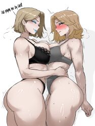 2girls absurdres ass blonde_hair blue_eyes blue_eyeshadow blush breasts closed_mouth emma_frost english_text eyeshadow fantastic_four gy_beth highres large_breasts lipstick makeup marvel marvel_rivals medium_hair multiple_girls short_hair sue_storm yuri