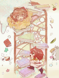 1boy 1girl ayazuki_mei belt black_footwear blush_stickers boots bow brooch brown_hair chibi commentary_request daisy_(flower) dress epaulettes eyelashes flower flower_brooch full_body hair_bow inkwell jacket jewelry knee_boots lace lace-trimmed_bow lace-trimmed_dress lace_trim layered_sleeves light_blush long_dress long_sleeves looking_at_another medium_hair meiji_tokyo_renka mori_ougai_(meiji_tokyo_renka) open_mouth pants quill red_belt red_bow red_flower red_hair red_jacket red_rose rose short_hair single_epaulette spilling stained_glass stairs star_(symbol) sugi_haeru tea teapot walking white_background white_flower white_pants white_sleeves yellow_dress yellow_sleeves
