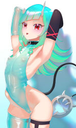 Rule 34 | 1girl, absurdres, alternate costume, armpit focus, armpits, arms behind head, asymmetrical gloves, black gloves, black sailor collar, blue gloves, blue hair, blue leotard, blue thighhighs, blush, buren, covered erect nipples, cowboy shot, demon girl, demon horns, demon tail, earrings, flat chest, gloves, highleg, highleg leotard, highres, horns, jewelry, leotard, long hair, looking at viewer, mismatched gloves, nanashi inc., neckerchief, open mouth, presenting armpit, red eyes, red neckerchief, sailor collar, sailor leotard, shishio chris, single thighhigh, solo, tail, thigh strap, thighhighs, virtual youtuber